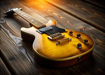 Naklejka premium Buttercream Strat Guitar on Dark Wood Table - Vintage Electric Guitar Stock Photo