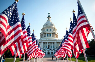American flags against the backdrop of the Capitol, official ceremony.