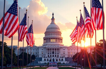 American flags against the backdrop of the Capitol, official ceremony.