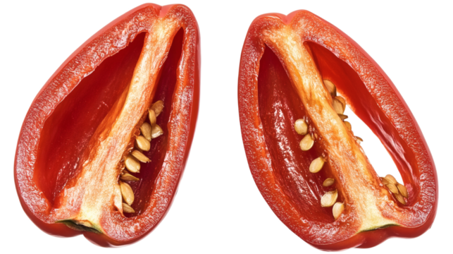red chili pepper sliced in half isolated on white transparent background