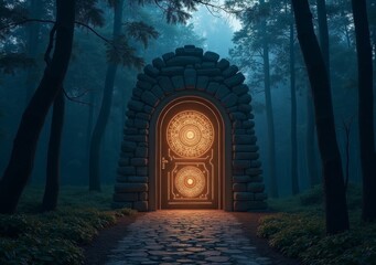 Fototapeta premium Mysterious illuminated door in a foggy forest at twilight invites exploration and wonder