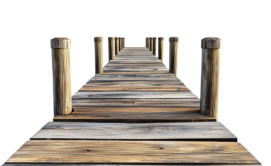 long wooden pier in the sunset, seaside weathered dock boardwalk, cutout png