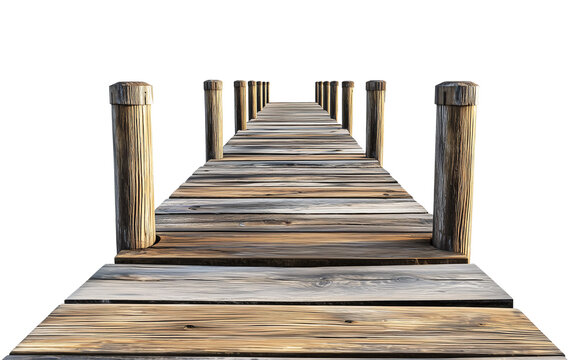 long wooden pier in the sunset, seaside weathered dock boardwalk, cutout png