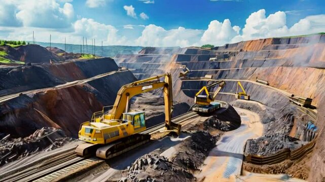 An industrial open-pit mine with a massive excavator and a train being loaded with ore at the base of the terraced landscape.