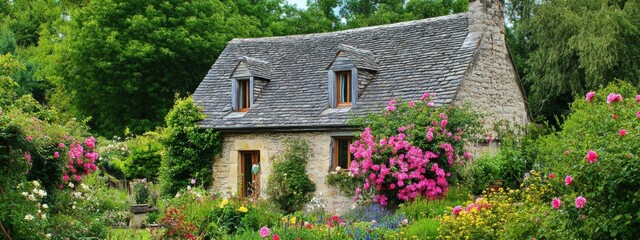 An idyllic view of a quaint stone cottage surrounded by a lush, blooming garden with colorful flowers and climbing roses, Stone cottage scene