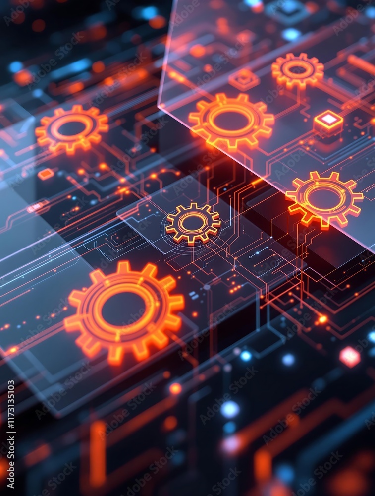 Poster digital gears and circuits in sleek modern interface representing innovation and automation