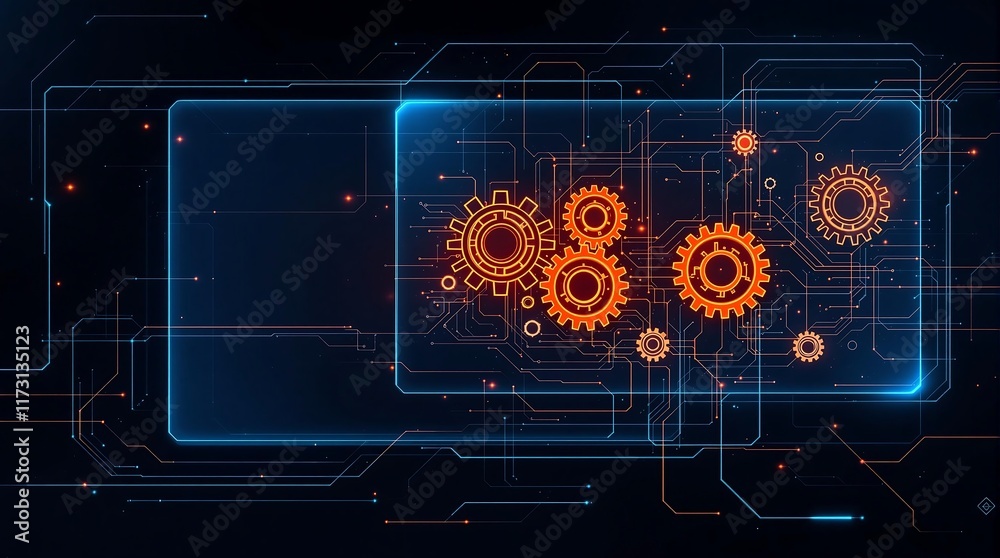 Poster digital gears and circuits in sleek modern interface representing innovation and automation