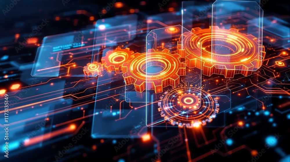 Poster digital gears and circuits in sleek modern interface representing innovation and automation