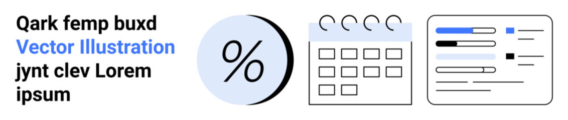 Percentage symbol, calendar, and document icons. Ideal for finance, planning, business analytics, project management, scheduling, accounting data visualization Landing page