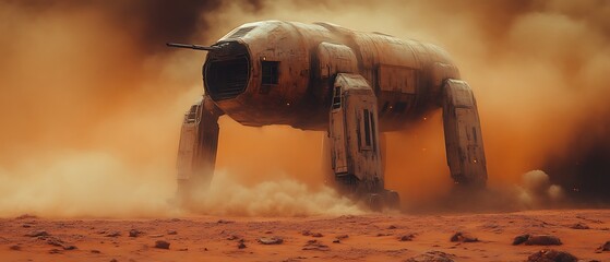 Futuristic vehicle traversing a dusty, alien landscape.