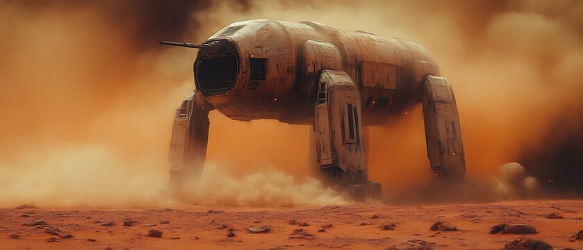 Futuristic vehicle traversing a dusty, alien landscape.