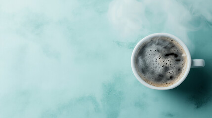 Hot coffee cup steam swirls in morning light against turquoise marble surface, creating artistic photography of morning beverage with dreamy ethereal atmosphere
