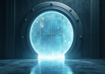 Mysterious glowing door opens to a cosmic realm in an industrial setting
