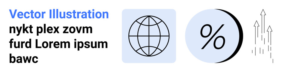 Text block with global economy symbols, including a globe, percentage sign, and growth arrows. Ideal for finance, economics, statistics, business growth, data analysis, investment, educational