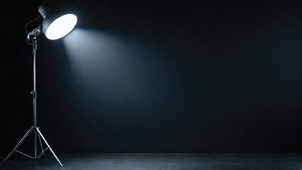 Bright spotlight illuminating an empty dark stage during a dramatic performance setup