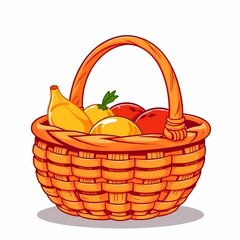 Fototapeta premium Wicker Basket of Freshness: A delightful illustration of a wicker basket overflowing with vibrant fruits - bananas, oranges, and apples. This image evokes feelings of abundance, health.