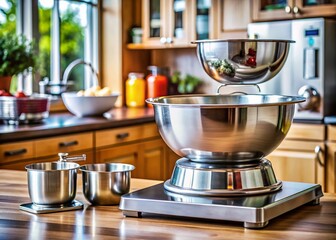 Candid Shot: Modern Kitchen Scale with Metal Bowl on Appliance Countertop