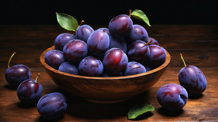 Bowl overflowing with fresh plums highlighted by soft lighting on a wooden table