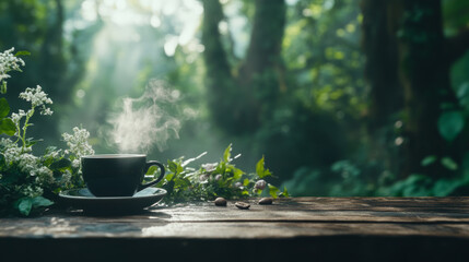 Hot beverage cup steaming on rustic wooden table in mystical foggy forest with sunlight rays streaming through trees creating ethereal morning atmosphere