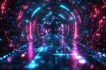 Fototapeta premium Neon tunnel data stream cyberspace background animation loop