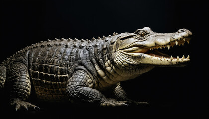 Obraz premium Detailed view of a crocodile resting with its mouth open, showcasing its sharp teeth and textured skin