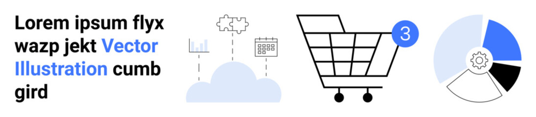 Shopping cart with notification, cloud computing symbols, an analytics pie chart, and placeholder text. Ideal for e-commerce, online shopping, cloud services, data analysis, tech blogs, business