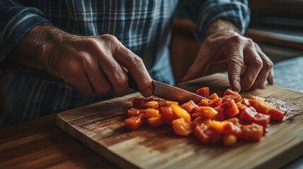 A Man Chopping Vegetables on a Wooden Board