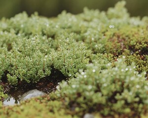Obraz premium Dew-covered moss and plants on rock.