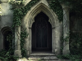 Fototapeta premium gothic arched doorway overgrown with ivy, dark and mysterious.