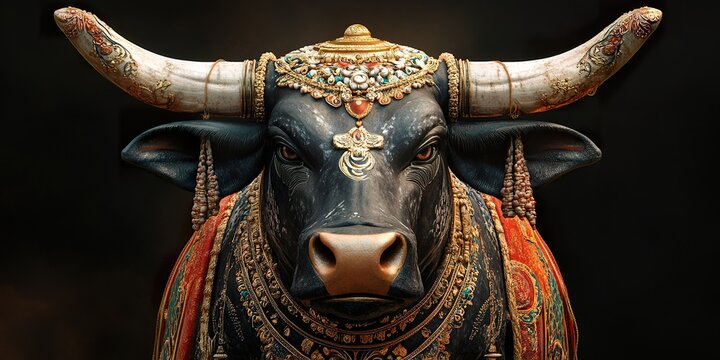 Nandi Lord Shivas Divine Bull Statue with Decorations