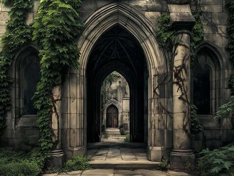 gothic archway entrance, stone and ivy.
