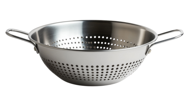 A stainless steel colander with handles showcased against a transparent background, ideal for draining pasta or vegetables in a kitchen setting.