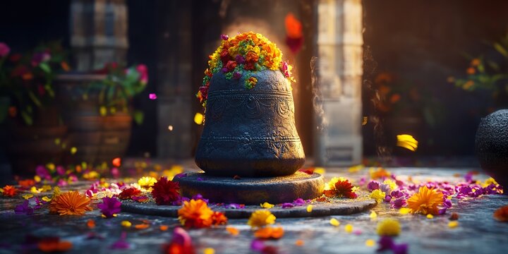 Devout Shiva Linga Adorned in Sacred Vibhuti and Vibrant Blooms