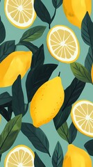 Digital lemon and leaves pattern illustration poster background