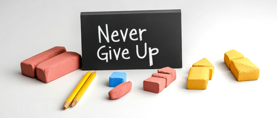 Naklejka premium A motivational message displayed on a blackboard, surrounded by colorful chalk and a pencil, symbolizes perseverance and determination.
