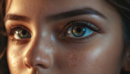 Fototapeta premium Close-up view of a young woman's striking blue eyes showcasing natural beauty and delicate features in soft lighting