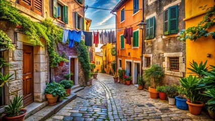 Fototapeta premium Charming Medieval Croatian Coastal Town: Quiet Back Street in Rovinj, Istria
