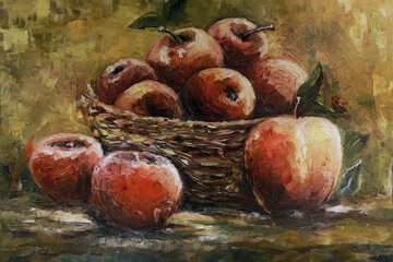 Ripe red apples and their halves - handmade oil painting on canvas.