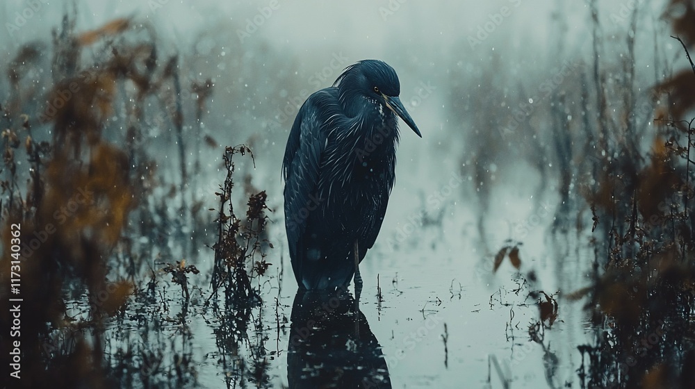 Canvas Prints Solitary heron in snowy marsh.