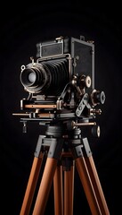 Old camera on a wooden tripod