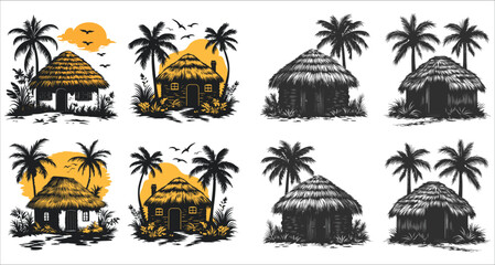 Tropical beach huts with palm trees and sunsets silhouettes, Tropical cottages silhouettes, Sunset over beach huts and tropical palm trees silhouettes, Island huts with palm trees and sun silhouettes