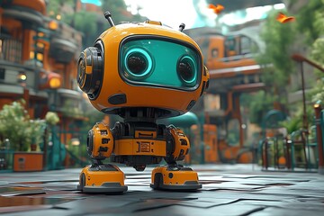 Cute orange robot in futuristic city.