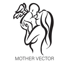 Handdrawn line art style mom and baby illustration art.