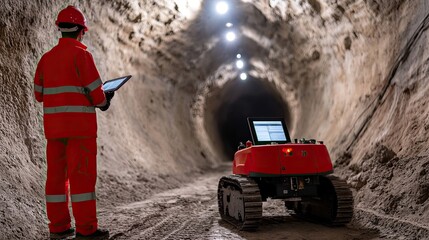 Natural gas storage concept. A worker in safety gear operates a remote-controlled robot in a dimly lit tunnel, showcasing technology in mining or excavation environments.
