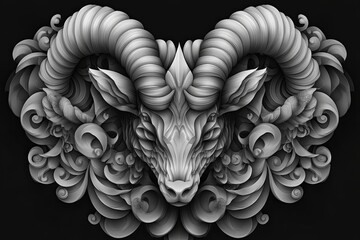Intricate grayscale illustration of a ram's head, adorned with swirling floral patterns, against a black background.