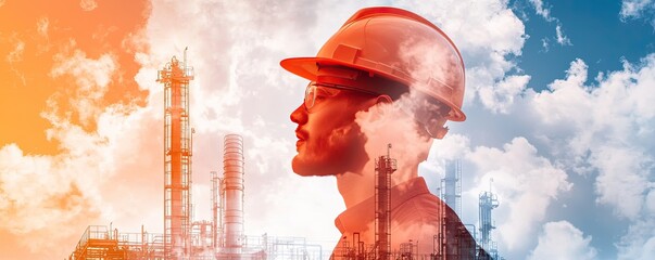 Natural gas storage concept. A silhouette of a worker in a hard hat against a backdrop of industrial smokestacks and clouds, symbolizing the intersection of industry and environmental impact.