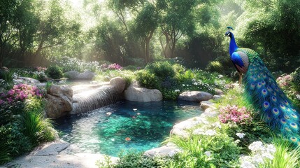Obraz premium Serene garden scene with a peacock by a pond.