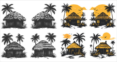 Beach hut and palm tree silhouettes vector, Beautiful tropical beach hut and palm tree silhouettes, Tropical beach huts with palm trees and sunsets silhouettes, Tropical cottages silhouettes