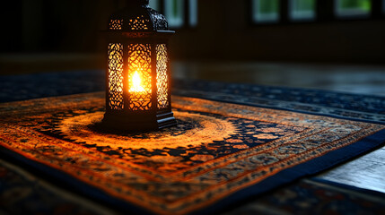 Photograph of Ornate Metal Lantern with Amber Glow Resting on Patterned Blue and Gold Persian Rug in Dimly Lit Room with Large Windows