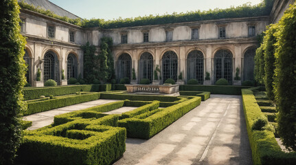 Elegant garden courtyard with lush hedges and stone features in a historic location under sunlight